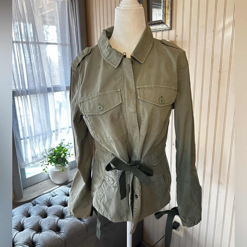 Sanctuary Utility Jacket Womens Small Green Embroidered Military Cargo Waist Tie